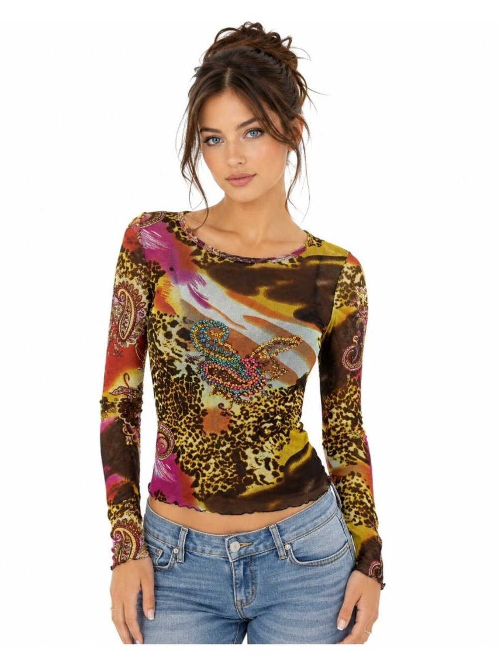 Vintage AZI  Mesh  Top Leopard Paisley Print Sequin Accent Size L Y2K